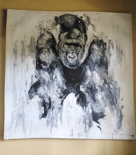 Original Mpunga Gorilla Oil Painting - Black & White Abstract Art